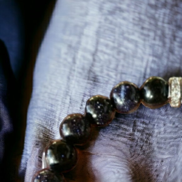 Sparkling Black Goldstone & Lava Rock Handmade Bracelet with Silver Accents. - Picture 10 of 10